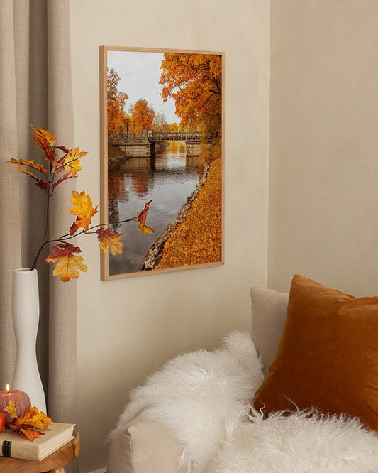 Watercolor autumnal bridge poster for nursery and home wall decor.