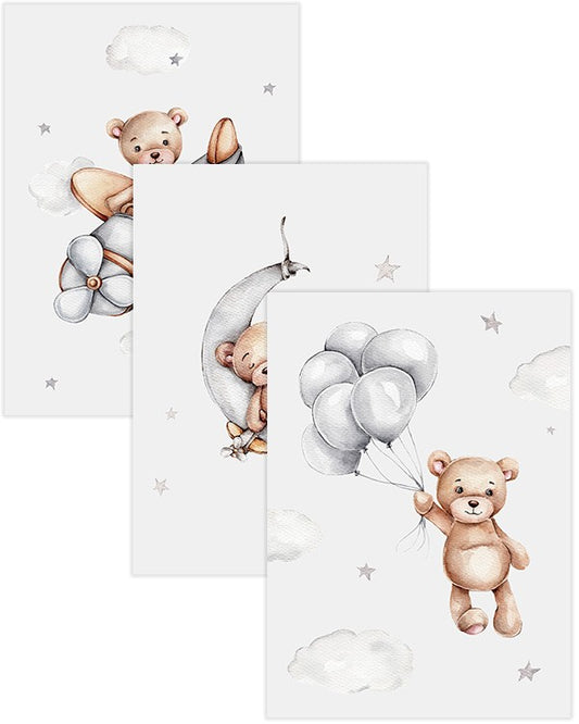 Watercolor kids teddy poster pack for nursery and home wall decor.