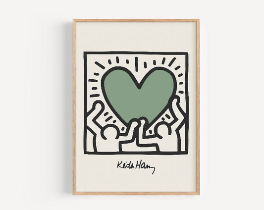 Sage Green Love Heart Print Inspired by Keith Haring