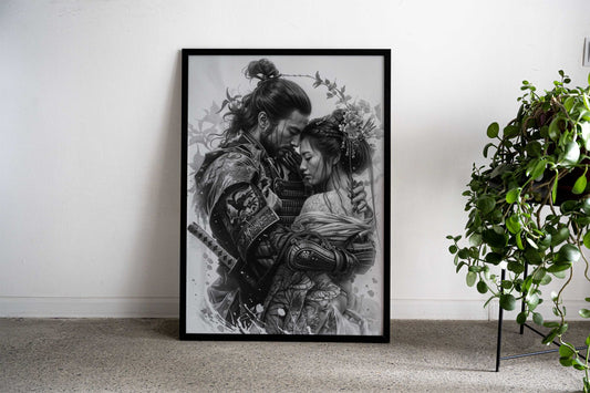samurai couple hugging Asian Style Poster | Wall Art for Home & Office | High-Quality Print - High-Quality Visual Display