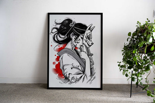 samurai girl kitsune mask Asian Style Poster | Wall Art for Home & Office | High-Quality Print - High-Quality Visual Display