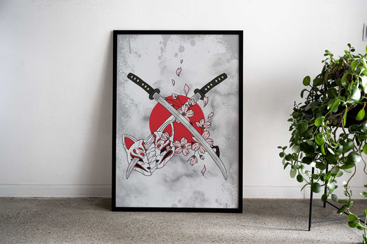 samurai sword and mask Asian Style Poster | Wall Art for Home & Office | High-Quality Print - High-Quality Visual Display