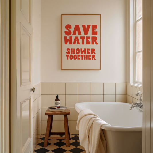 Save Water Shower Together | Red and Cream | Art Print - High-Quality Premium Wall Art Decor Sticker