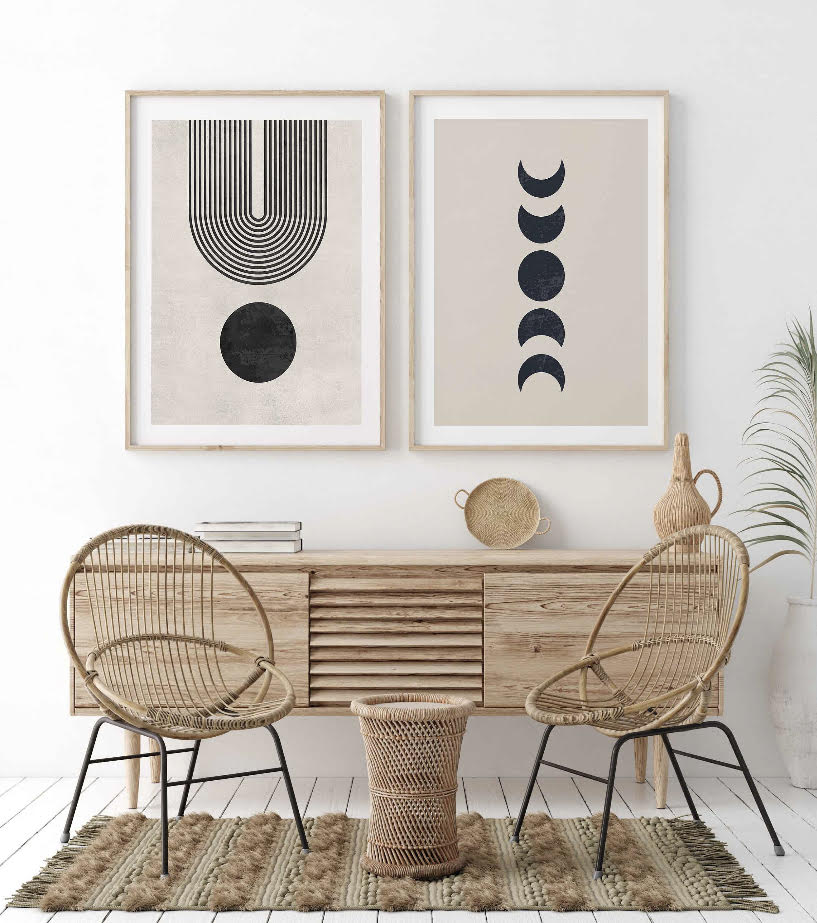 Mid-Century Black and Beige Rainbow & Moon Art Print Collection