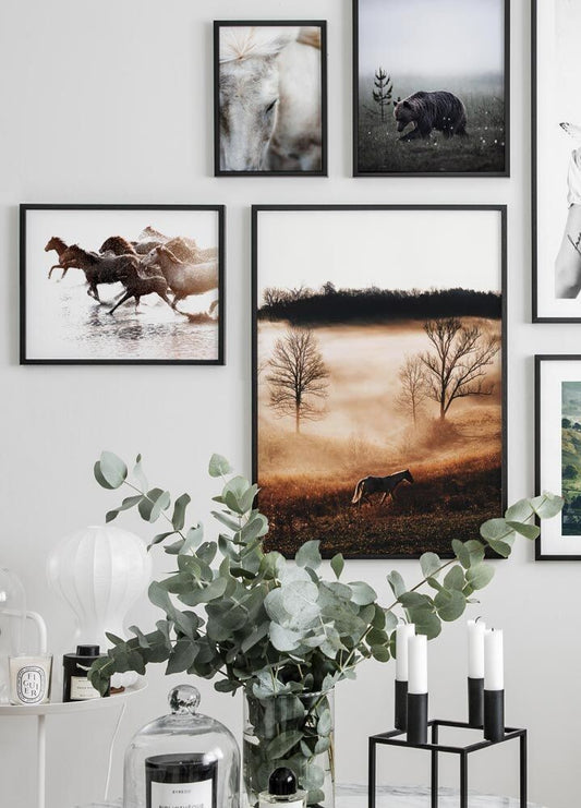 Watercolor wild horses poster for nursery and home wall decor.