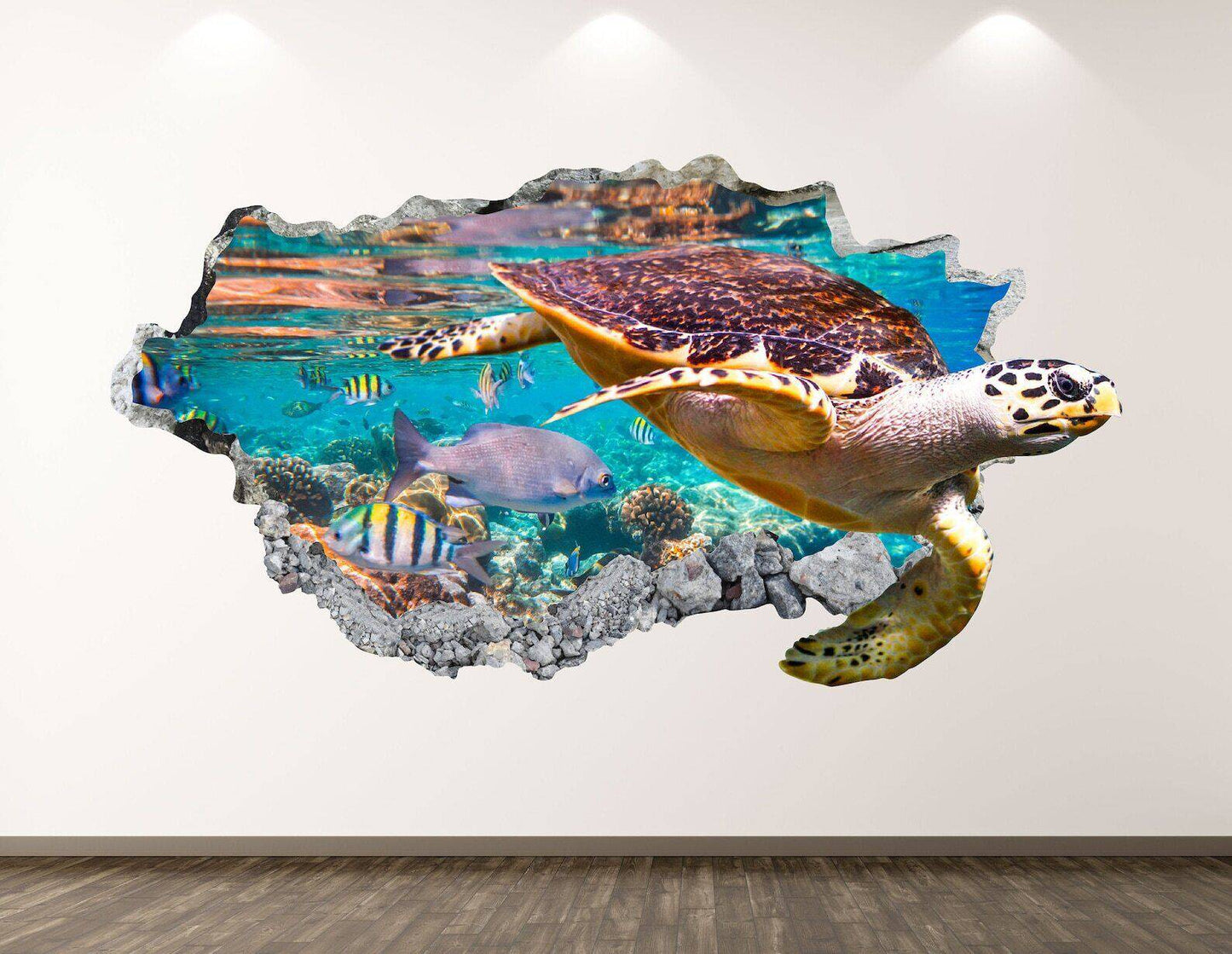 Turtle Wall Decal - Animal Ocean 3D Smashed Wall Art Sticker Kids Decor Vinyl - Wonderwallsboutique
