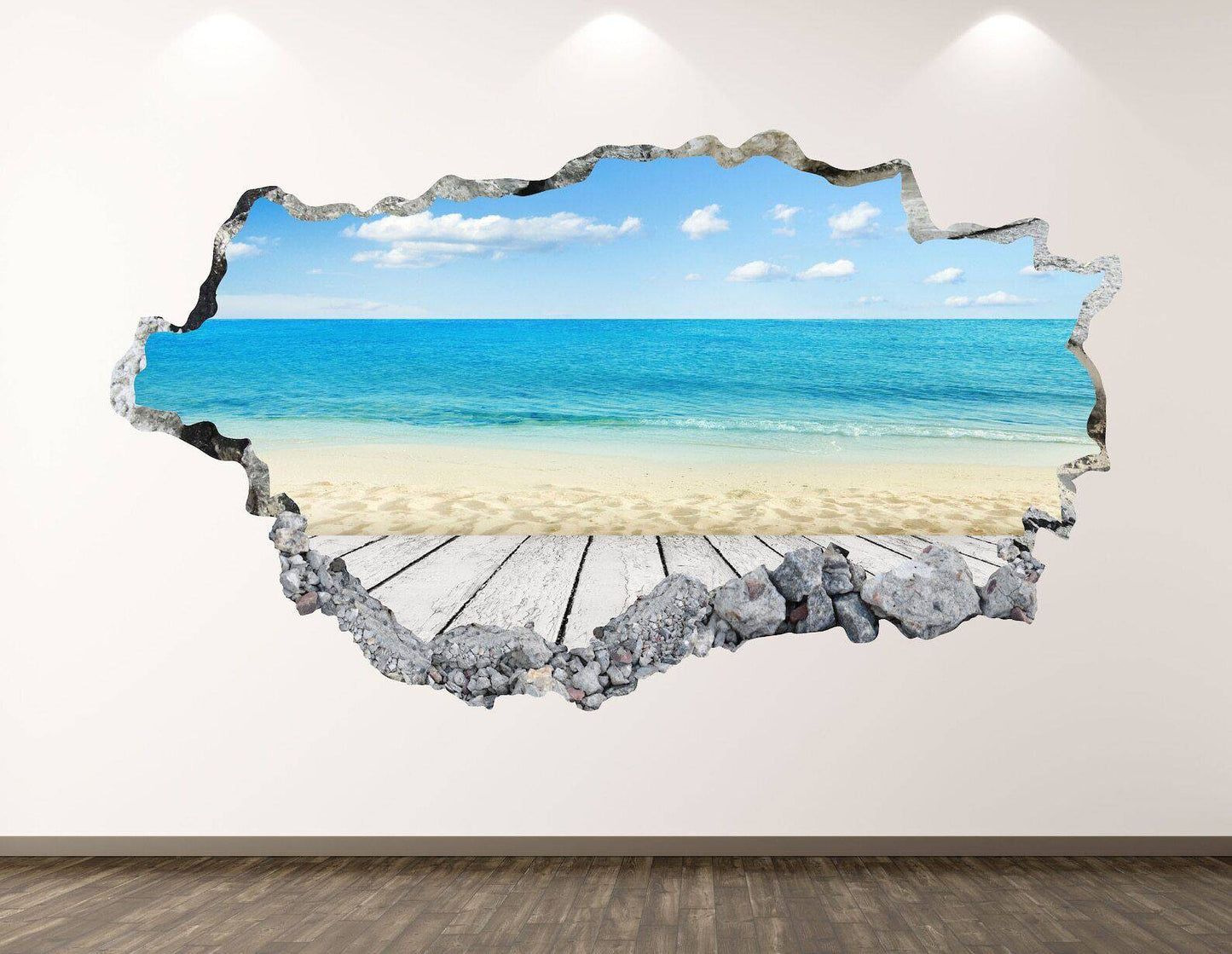 Beach View Wall Decal - Sea 3D Smashed Wall Art Sticker Kids Decor Vinyl Home - Wonderwallsboutique