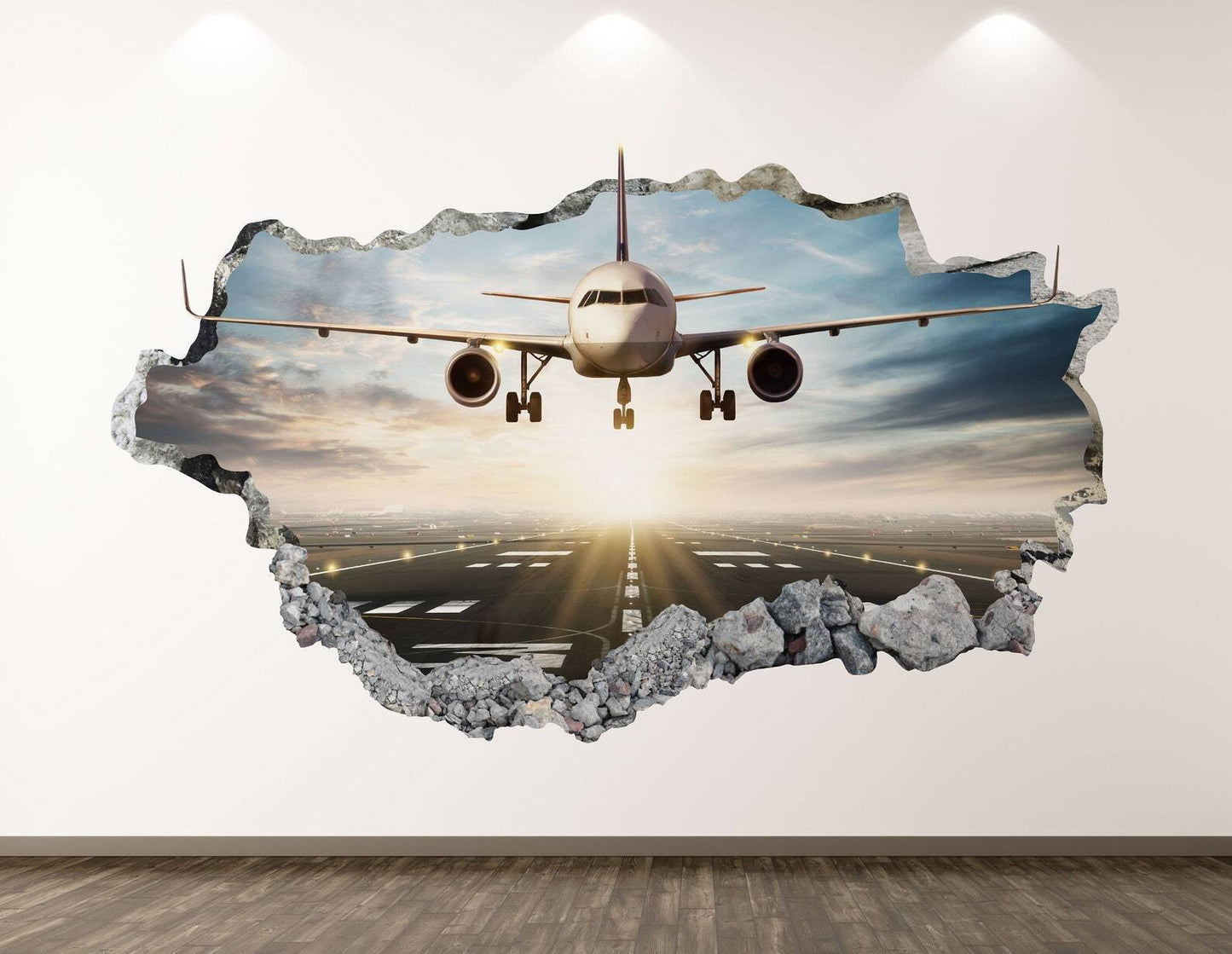 Jumbo Airplane Wall Decal - Landing 3D Smashed Wall Art Sticker Kids Room Decor - Wonderwallsboutique