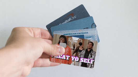 Watercolor treat yo self credit card skin for nursery and home wall decor.