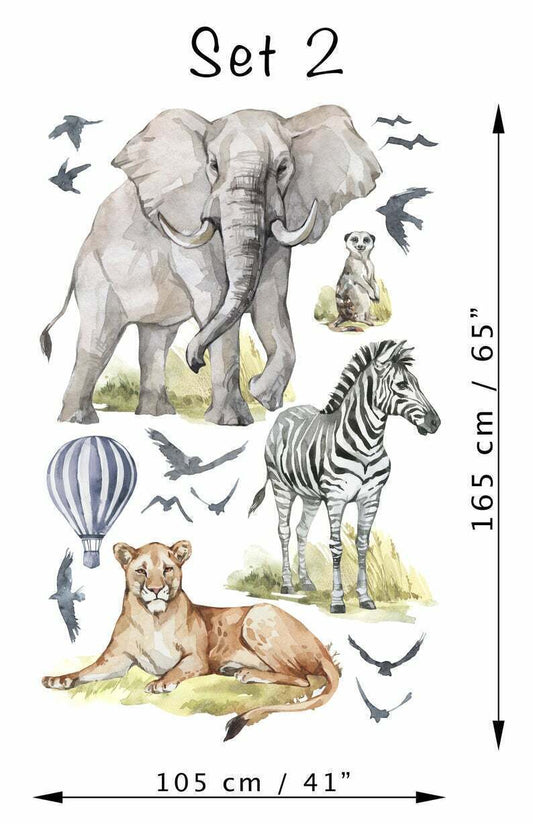 Big Animal Watercolor Wall Decal Set for kids, removable cute safari animals 2
