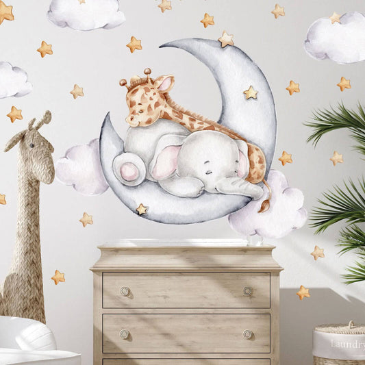 Elephant and Giraffe on the Moon Wall Decal Children's Room Wall Sticker