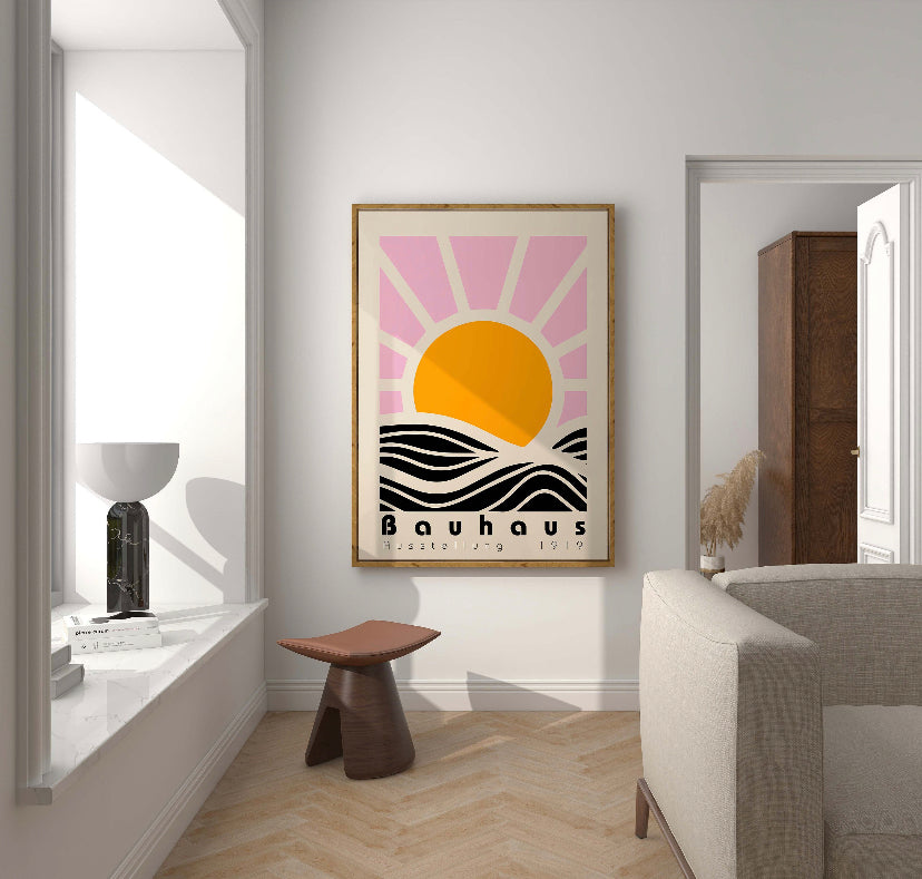 Bauhaus-Inspired Minimalist Pink Sun Art - High-Quality Premium Wall Art Decor Sticker