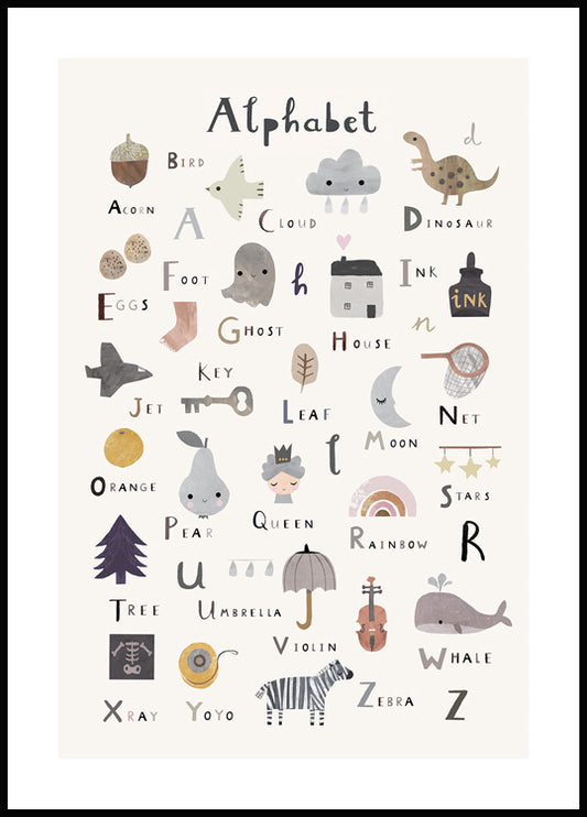 Watercolor abc poster for nursery and home wall decor.