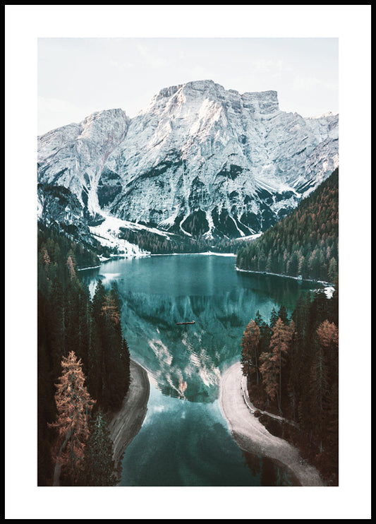 Watercolor lake braies poster for nursery and home wall decor.