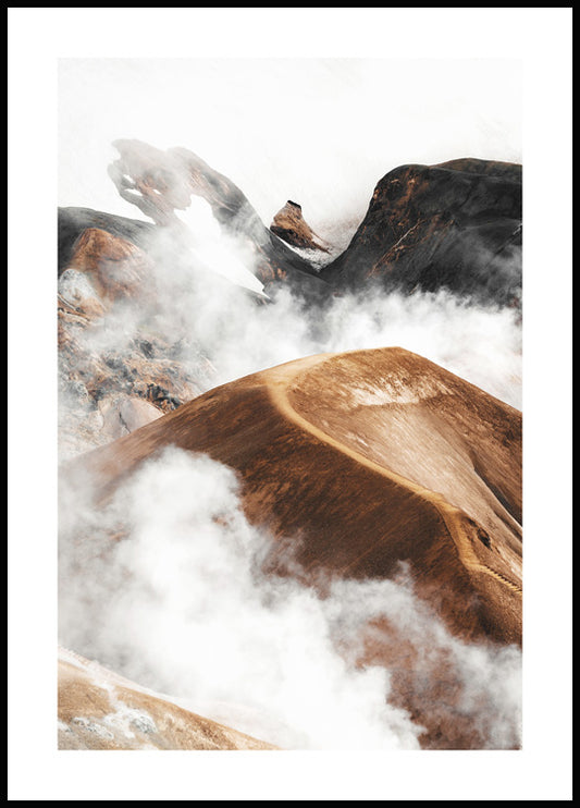 Watercolor cloudy mountain poster for nursery and home wall decor.