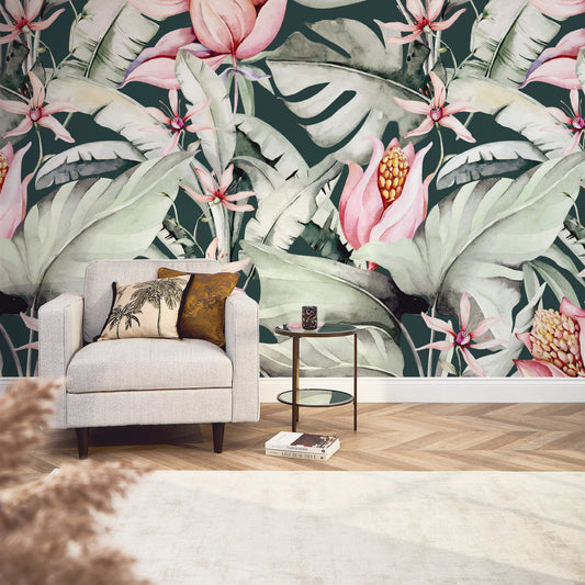 Chic Charcoal, Green, and Pink Exotic Floral Mural