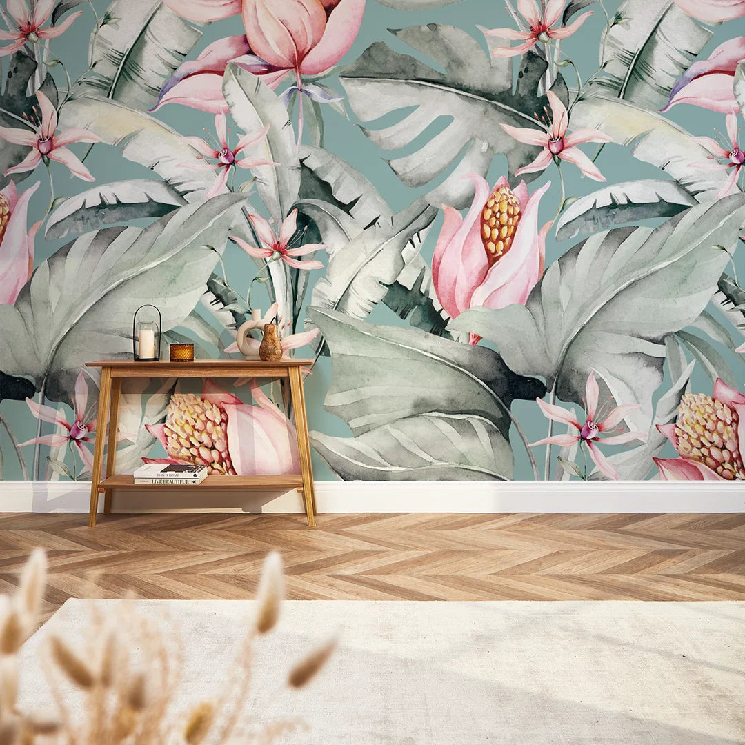 Vibrant Exotic Flower Mural in Teal, Green, and Pink