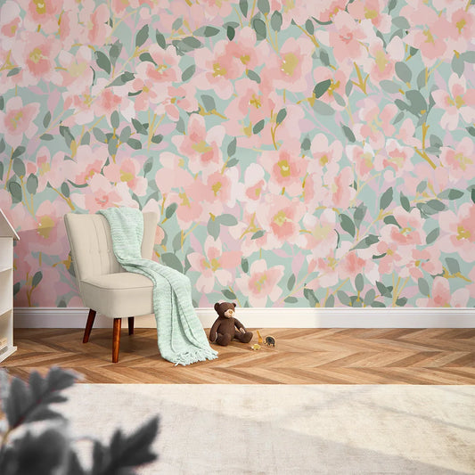 Pink and Duck Egg Floral Mural