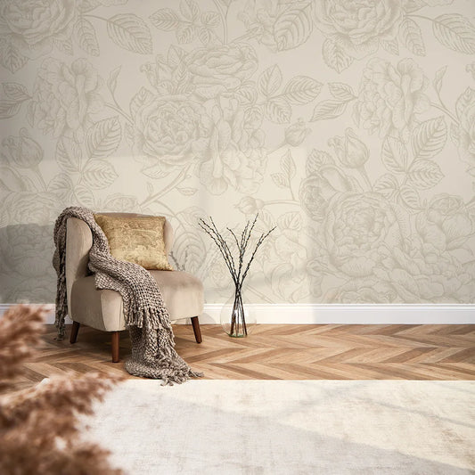 Soft Roses Wall Mural in Mushroom and Cream