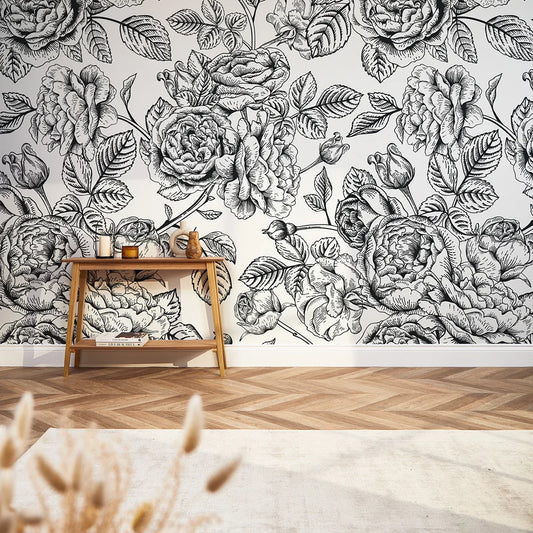 Monochrome Floral Mural: Gentle Roses Design