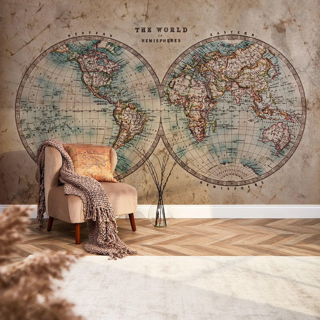 Earthy Toned Hemisphere Map Wall Mural - High Quality Wallpaper by Wonderwallsboutique