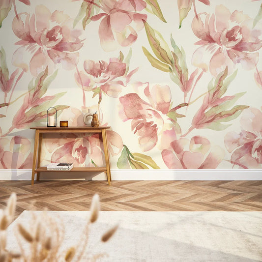 Watercolor Peach and Green Floral Bloom Mural