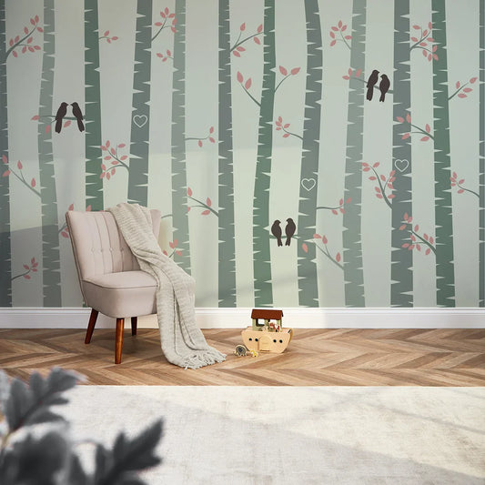 Sage Green Lovebirds Wall Mural | Romantic Nature-Inspired Design | Removable Wallpaper for Bedroom, Nursery, or Living Room Decor