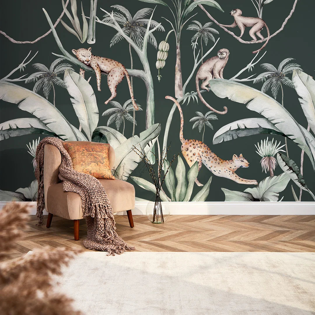 Bottle Green Sleepy Leopards Wall Mural