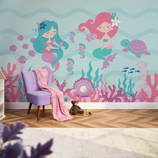 Enchanting Pink and Teal Mermaid Mural
