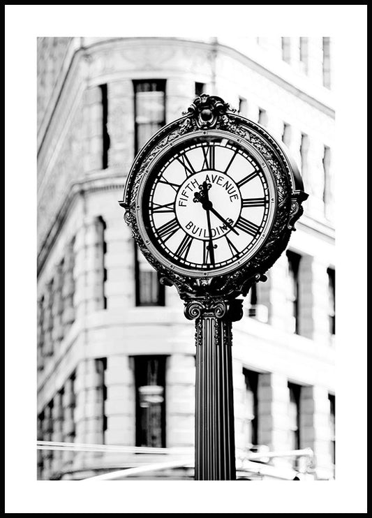Watercolor fifth avenue building clock poster for nursery and home wall decor.