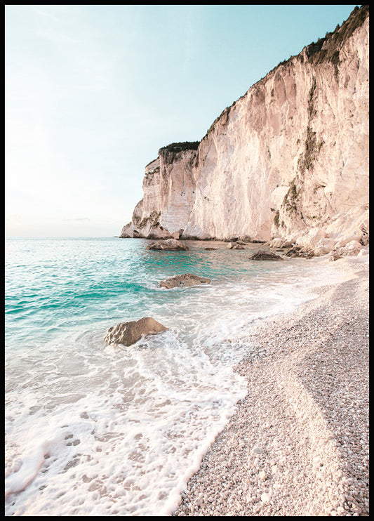 Watercolor pebble beach poster for nursery and home wall decor.