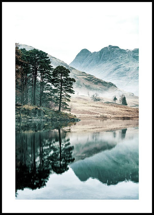 Watercolor trees by the lake poster for nursery and home wall decor.