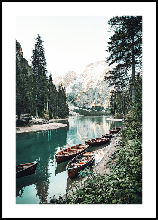 Watercolor boats with mountain view poster for nursery and home wall decor.