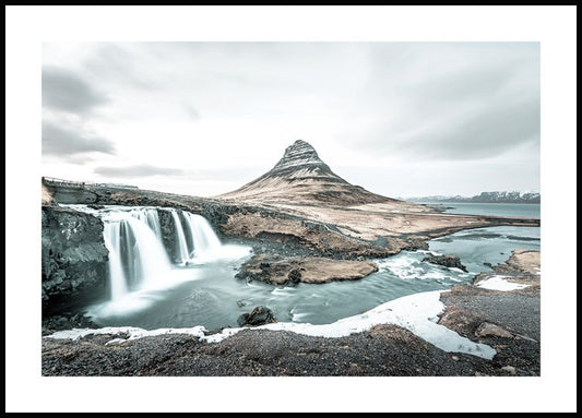 Watercolor kirkjufellsfoss waterfall poster for nursery and home wall decor.