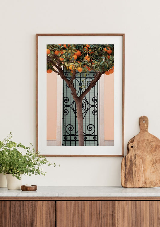 Watercolor orange tree in valencia poster for nursery and home wall decor.