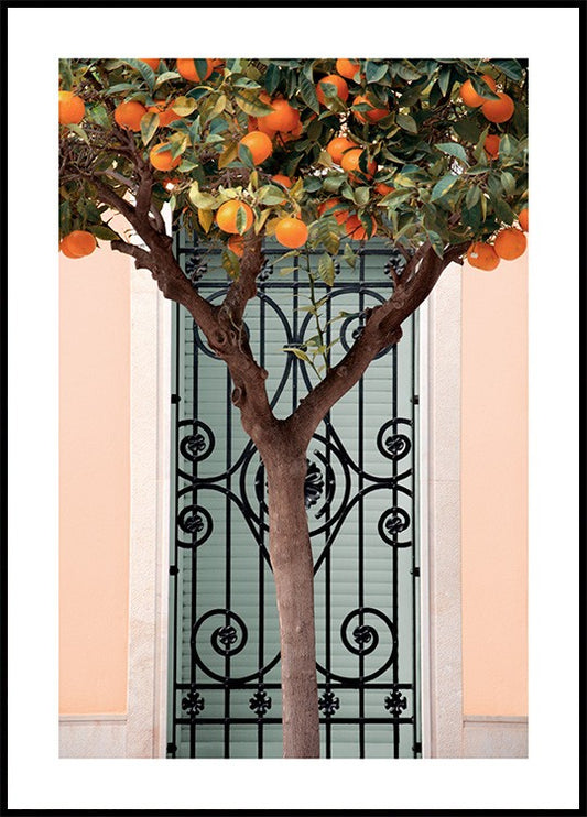 Watercolor orange tree in valencia poster for nursery and home wall decor.