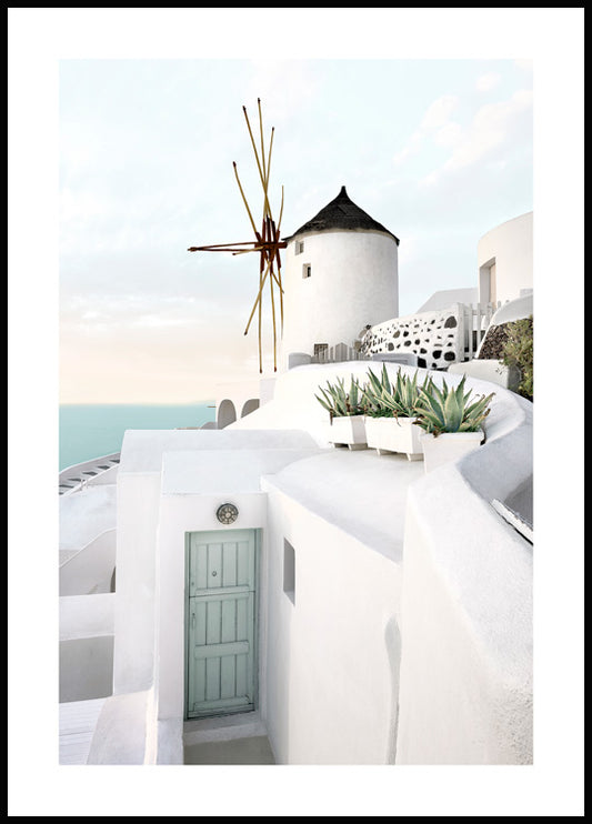 Watercolor santorini view poster for nursery and home wall decor.