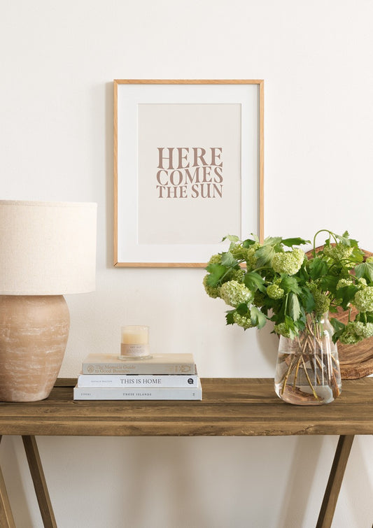 Watercolor here comes the sun poster for nursery and home wall decor.