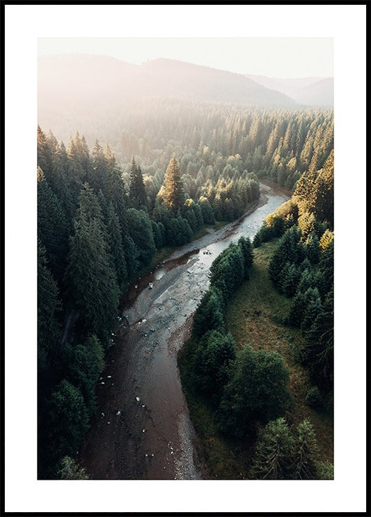 Watercolor river in forest poster for nursery and home wall decor.