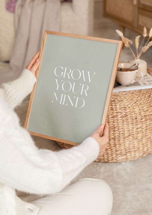 Watercolor grow your mind poster for nursery and home wall decor.