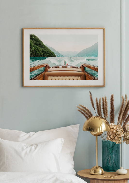 Watercolor lake como ride poster for nursery and home wall decor.