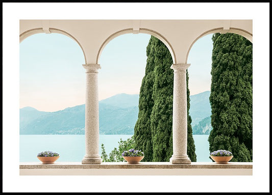 Watercolor view through arches poster for nursery and home wall decor.