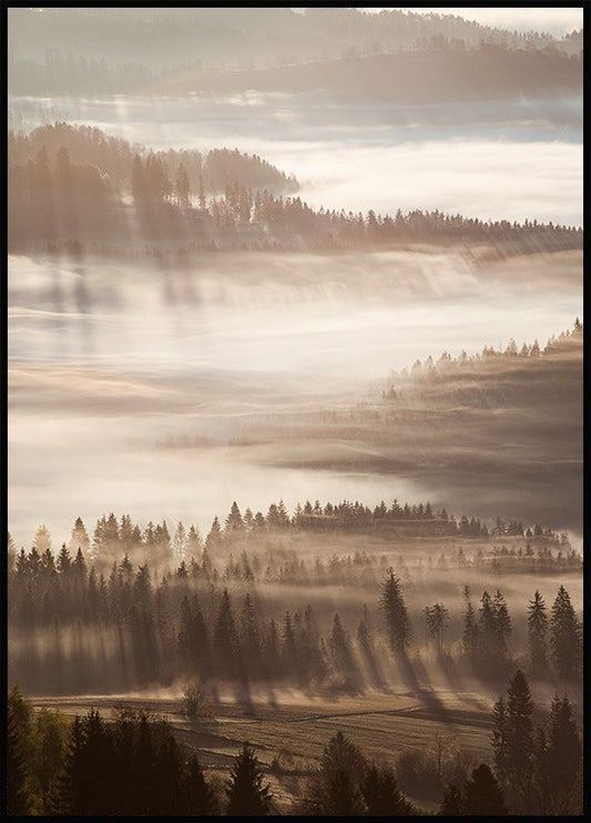 Watercolor sun rays through mist poster for nursery and home wall decor.