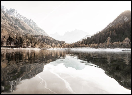 Watercolor lake landscape poster for nursery and home wall decor.