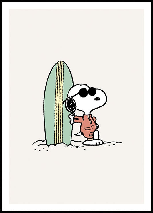 Watercolor snoopy surfboard poster for nursery and home wall decor.