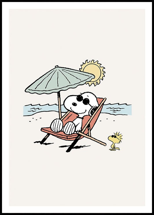Watercolor snoopy on the beach poster for nursery and home wall decor.