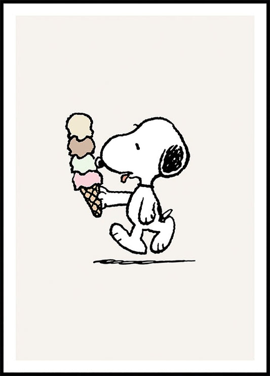 Watercolor snoopy eating ice cream poster for nursery and home wall decor.