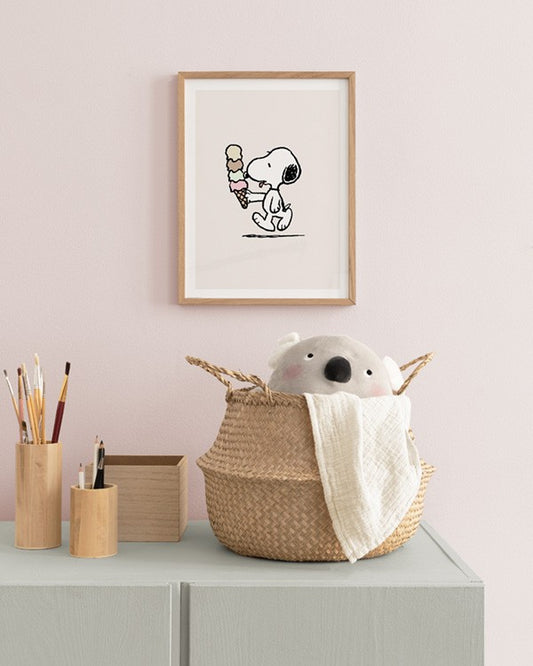 Watercolor snoopy eating ice cream poster for nursery and home wall decor.