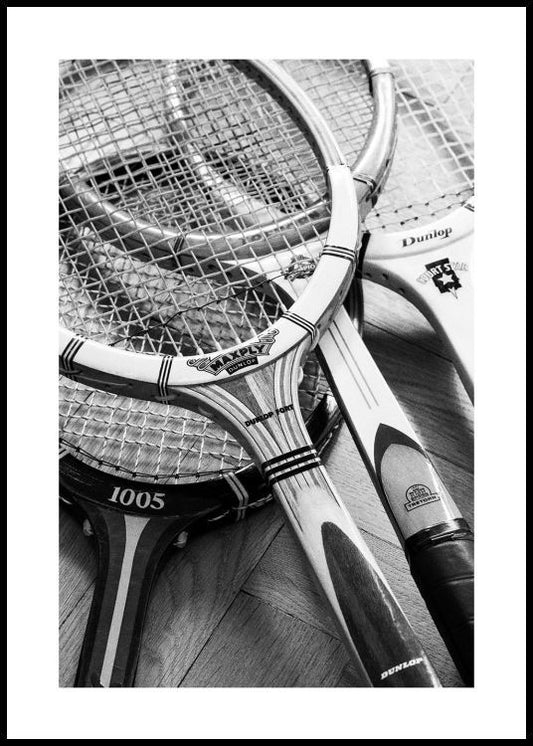 Watercolor tennis rackets poster for nursery and home wall decor.