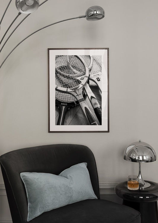 Watercolor tennis rackets poster for nursery and home wall decor.